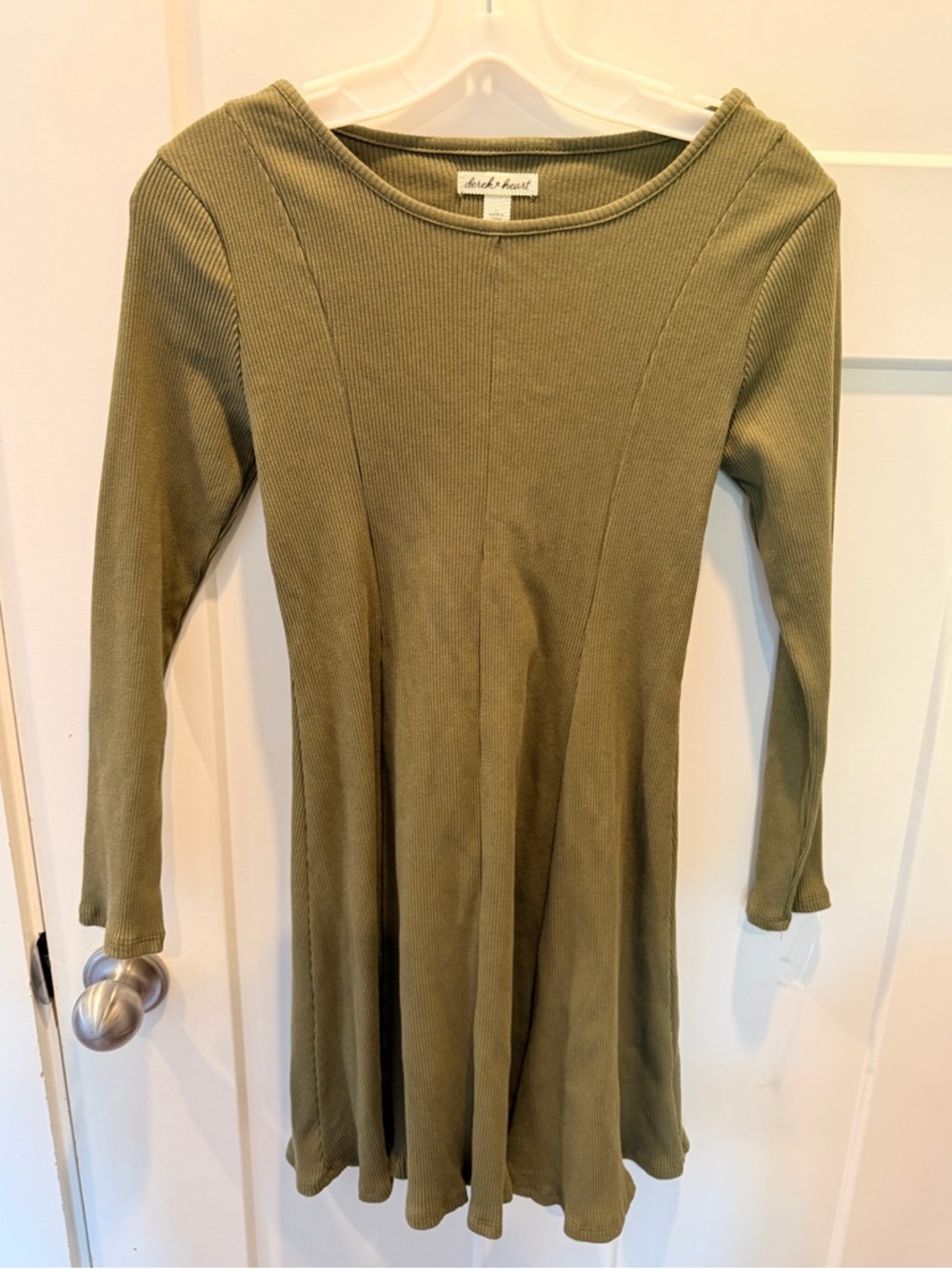 Derek Heart Olive Green Ribbed Knit Fit Flare Dress Long Sleeve Size Large